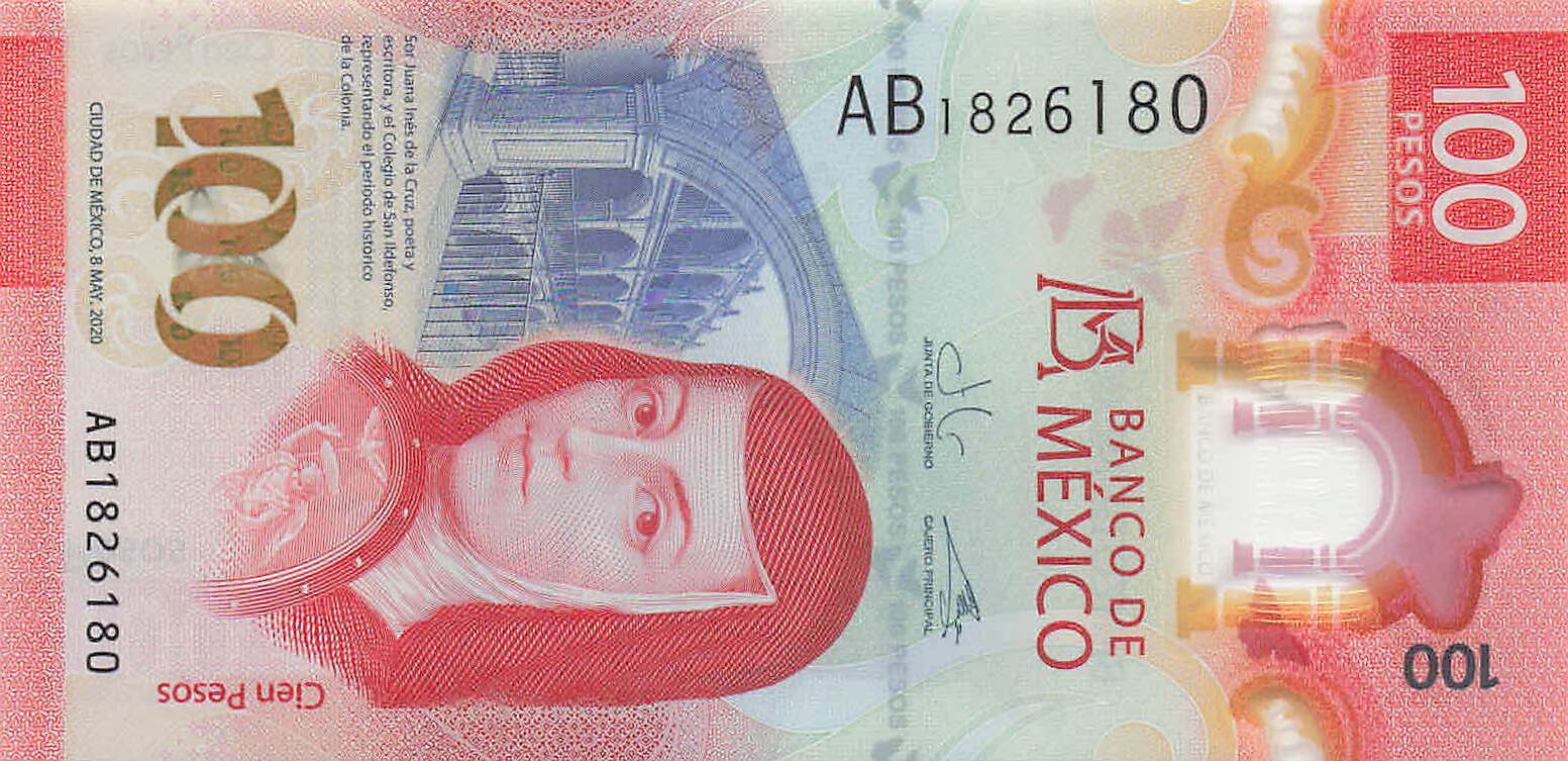 Mexikanische Peso‑Banknoten mit farbenfrohen Motiven und historischen Persönlichkeiten.
